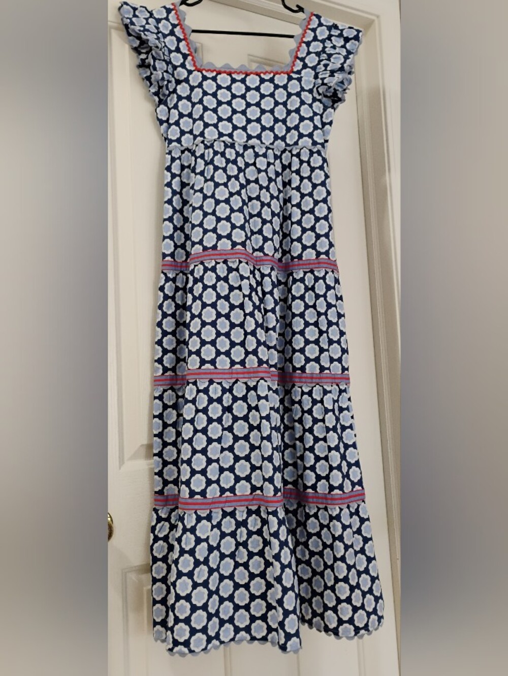 Printfresh Blue and White Floral Tiered Maxi Dress with Pink Trim